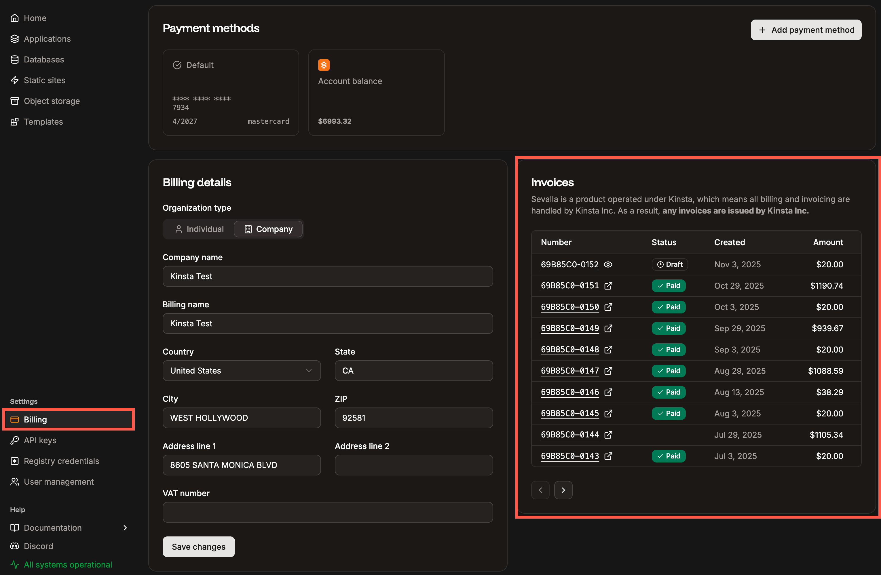 Hosting invoices in Sevalla