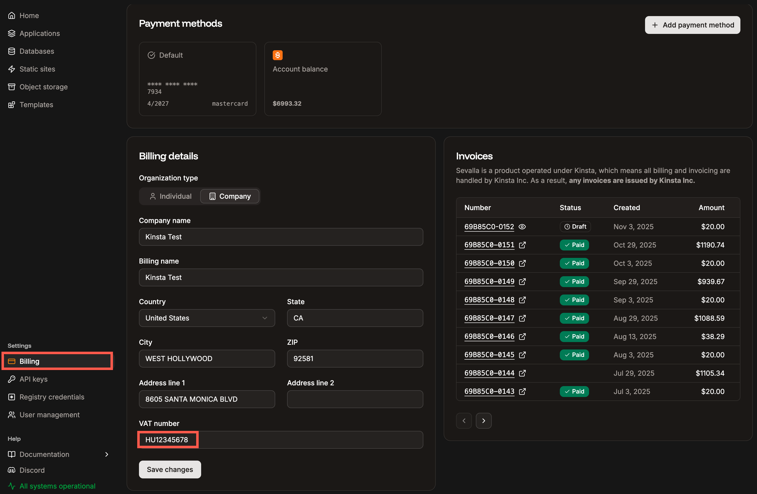 Enter your VAT Number in Sevalla
