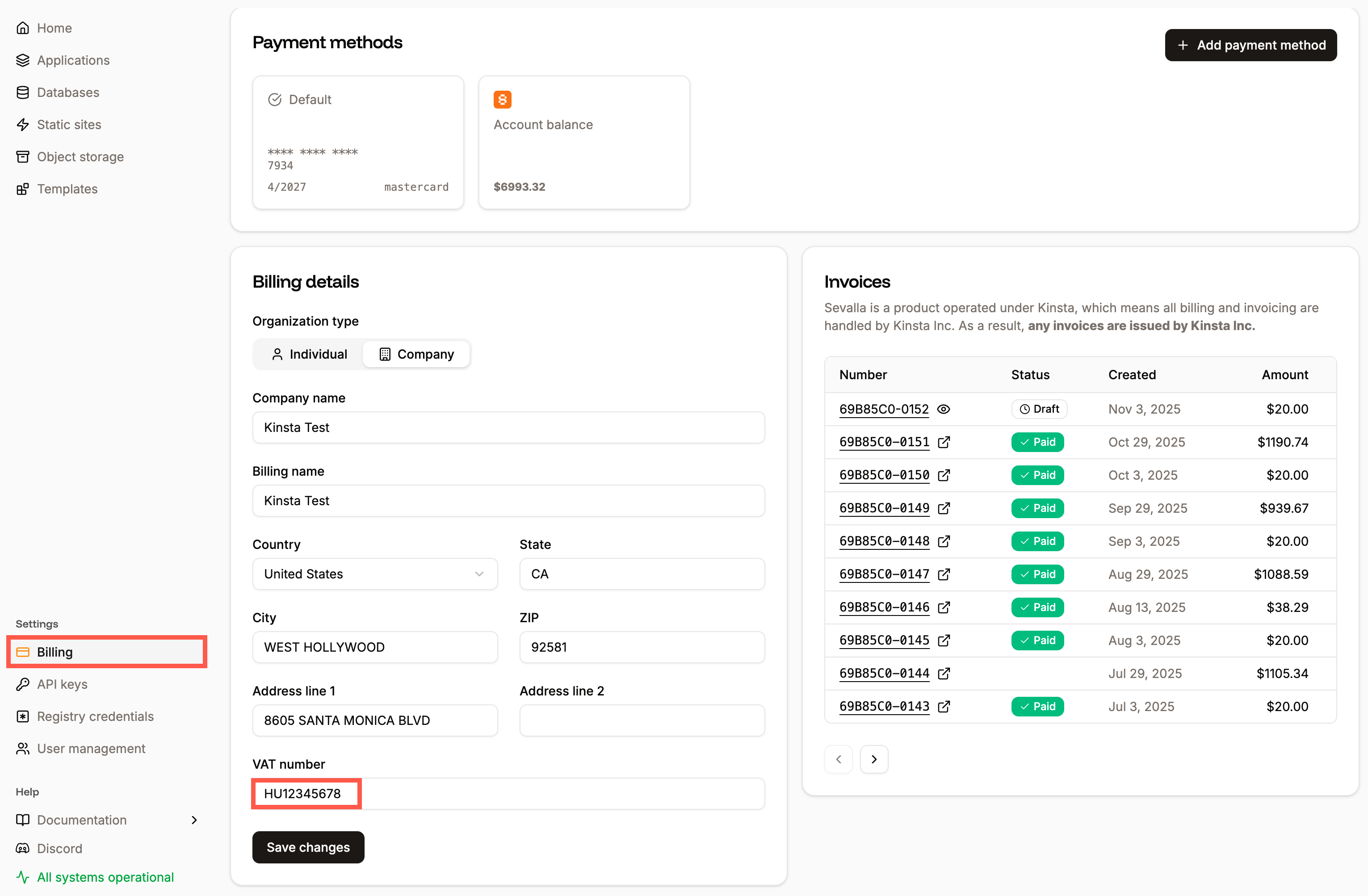 Enter your VAT Number in Sevalla