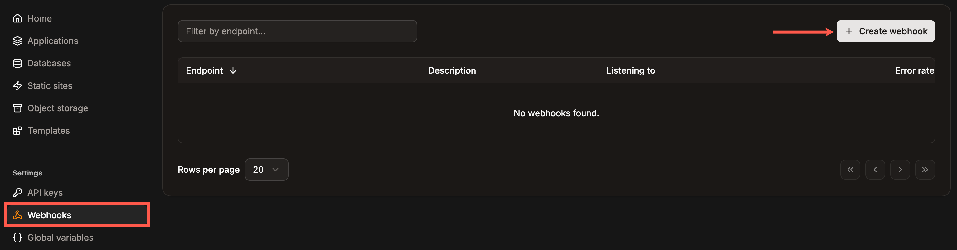 Create a new webhook in Sevalla