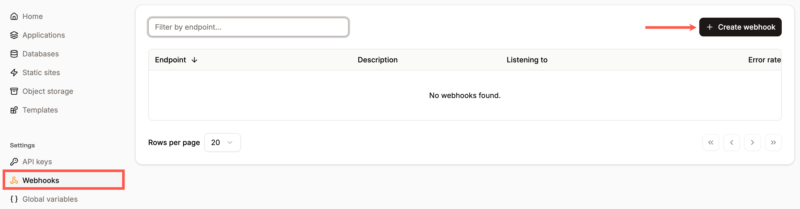 Create a new webhook in Sevalla
