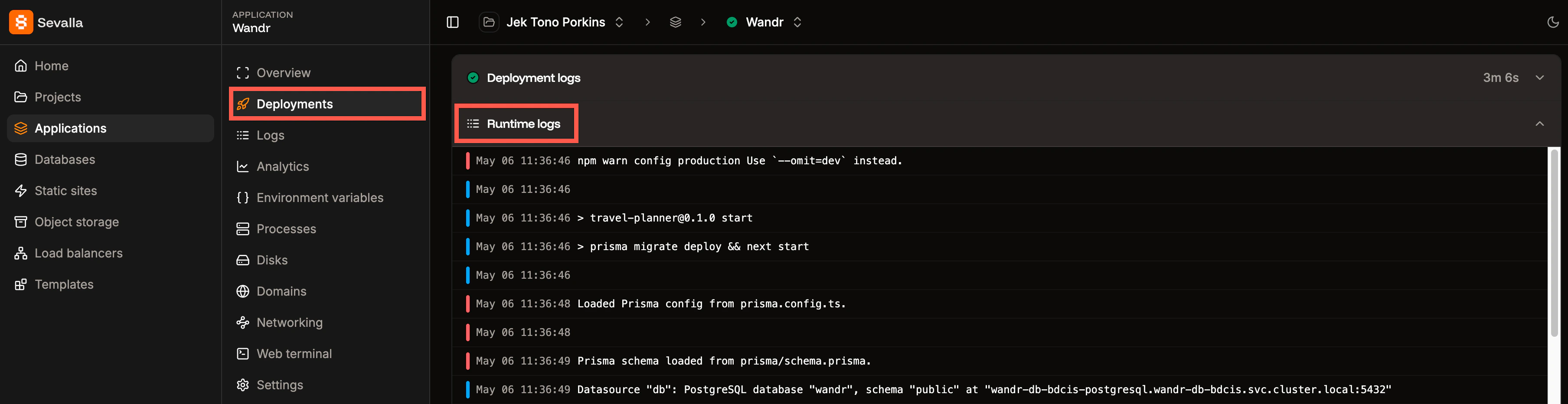 View the runtime logs for a specific deployment