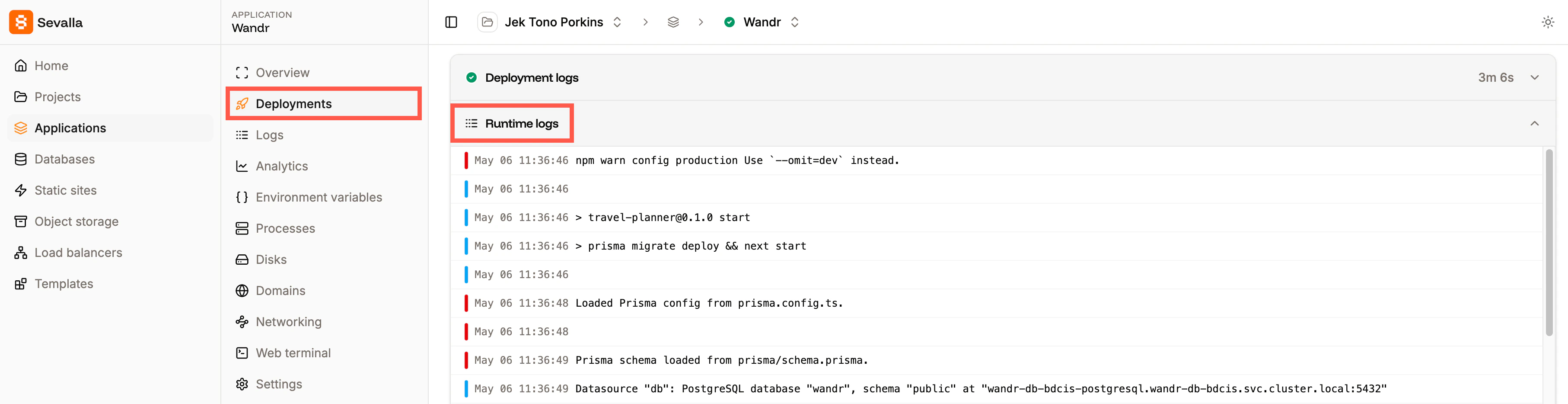 View the runtime logs for a specific deployment