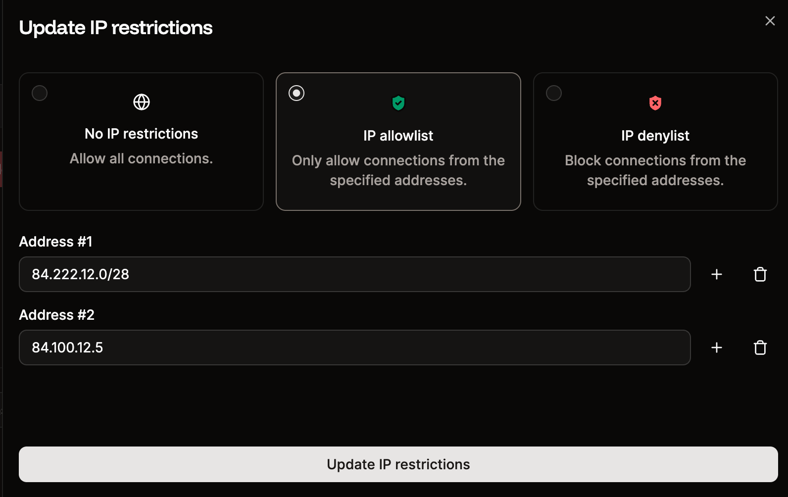 Update the IP restriction settings for your database