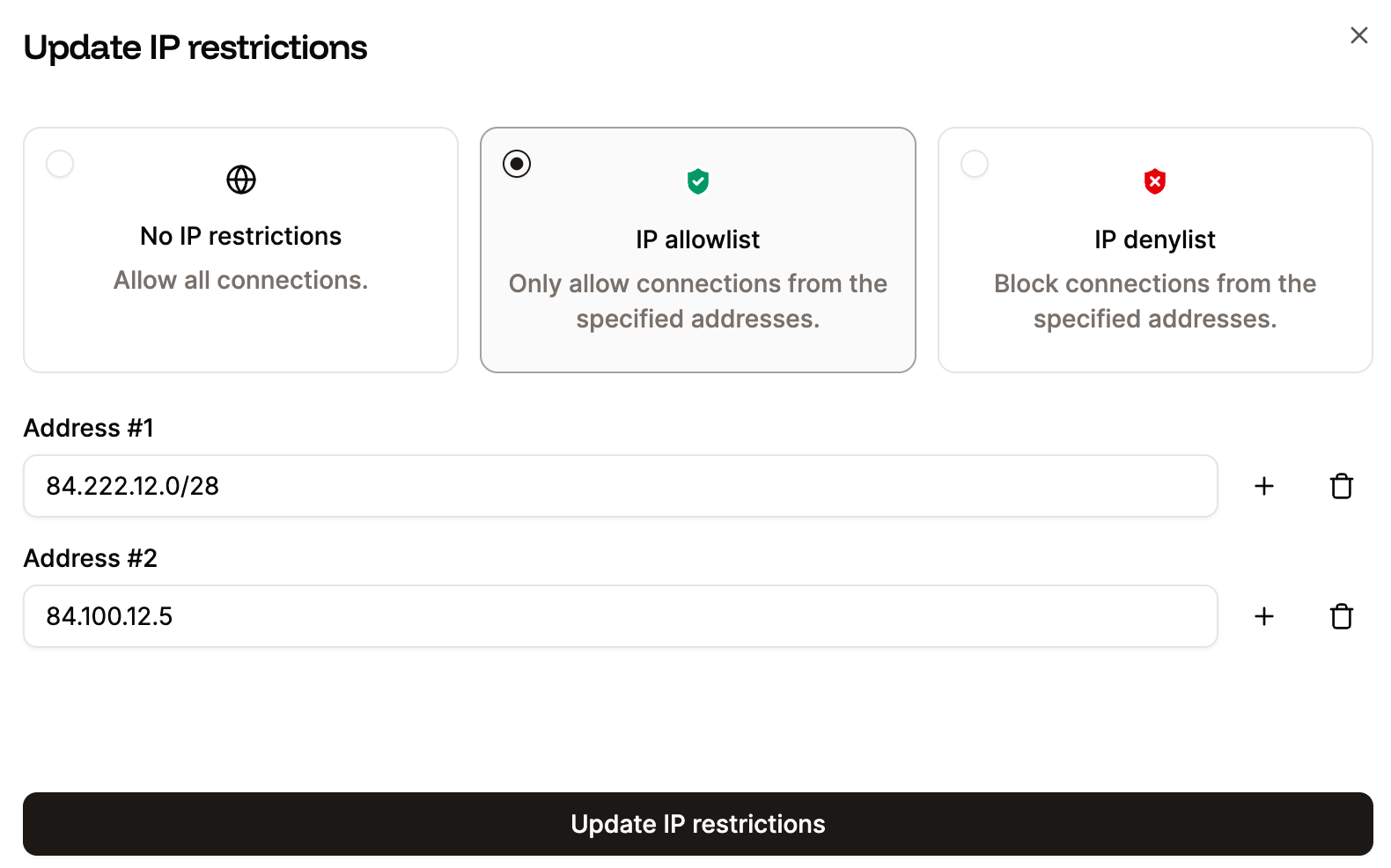 Update the IP restriction settings for your database