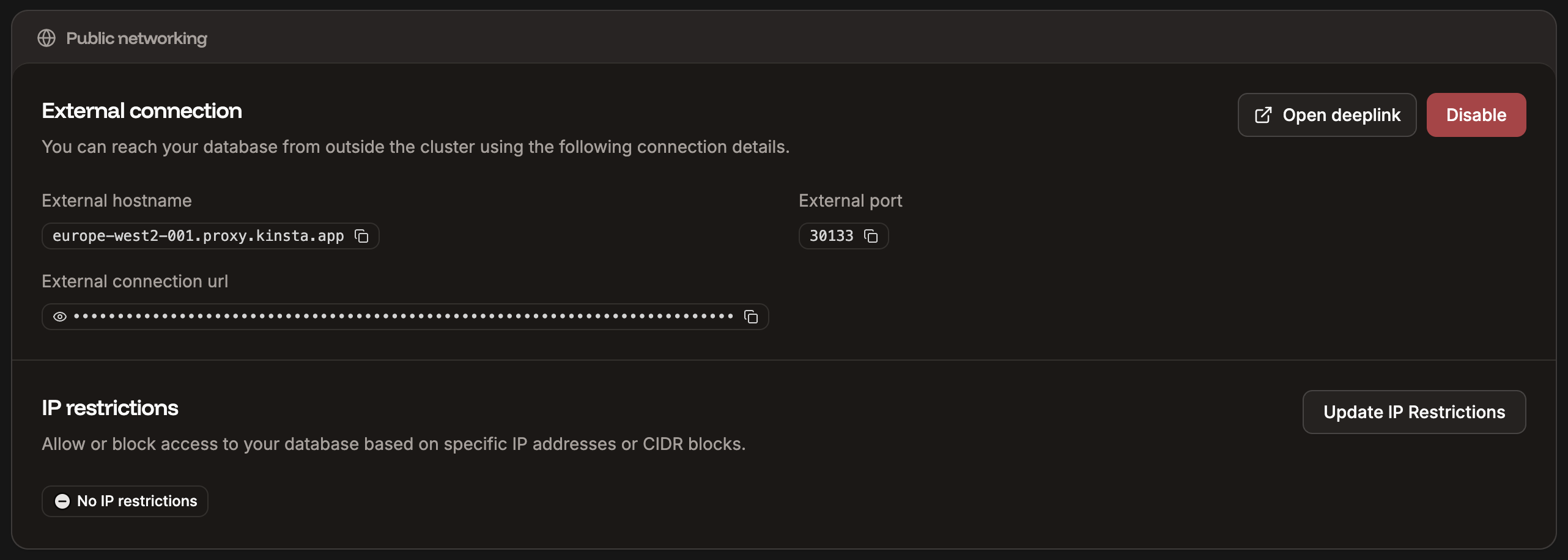 Public networking settings for your database