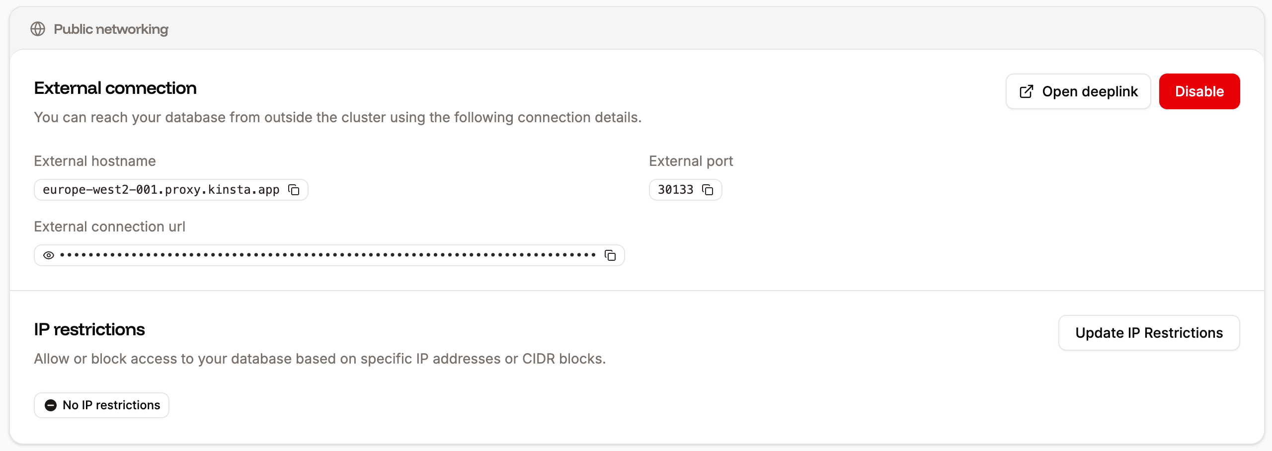 Public networking settings for your database