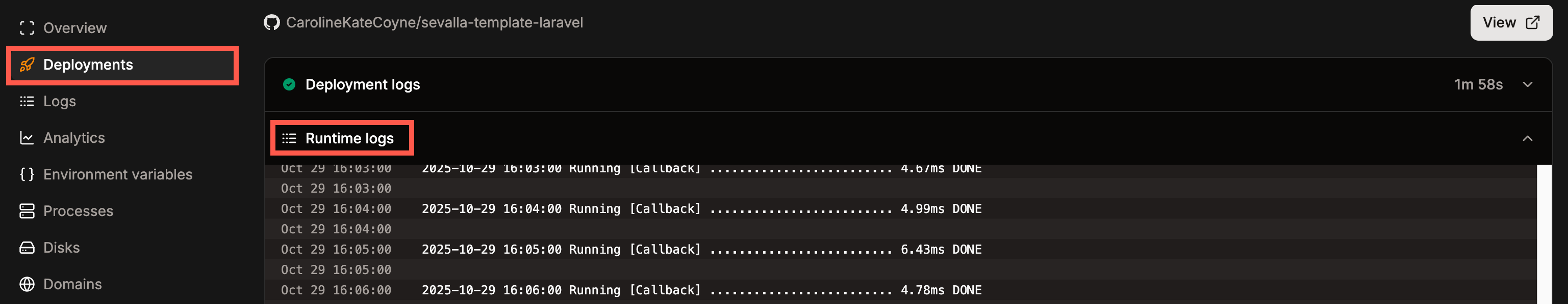 View the runtime logs for a specific deployment