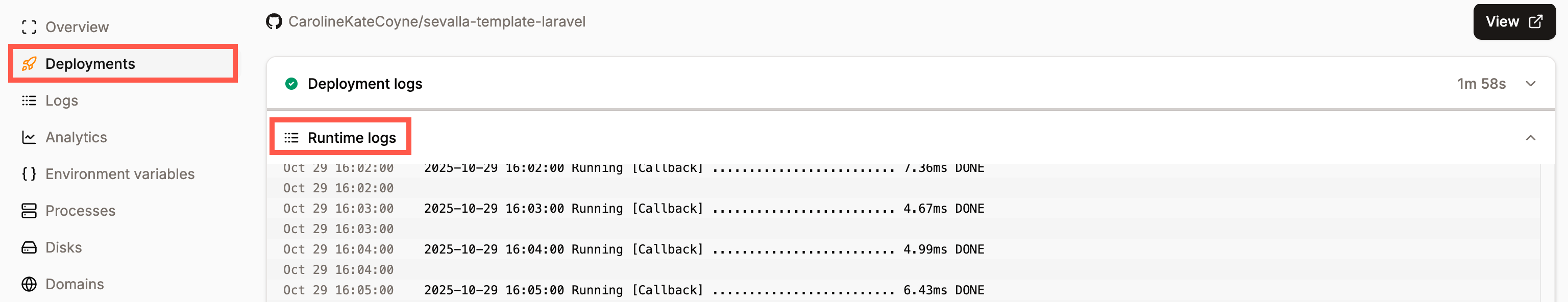 View the runtime logs for a specific deployment