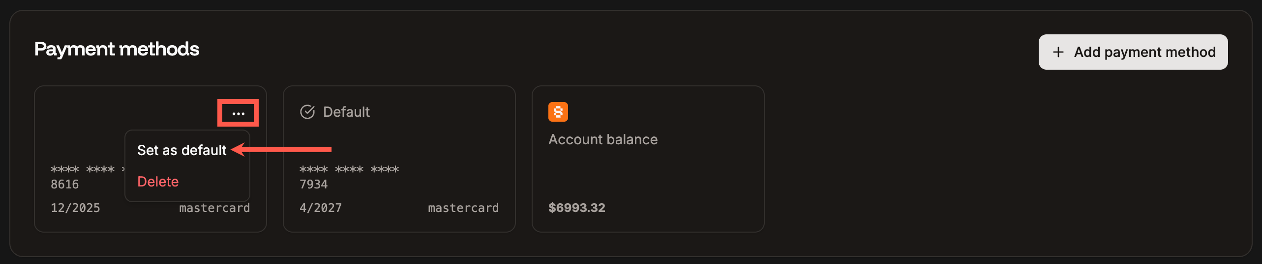 Select the default payment method in Sevalla
