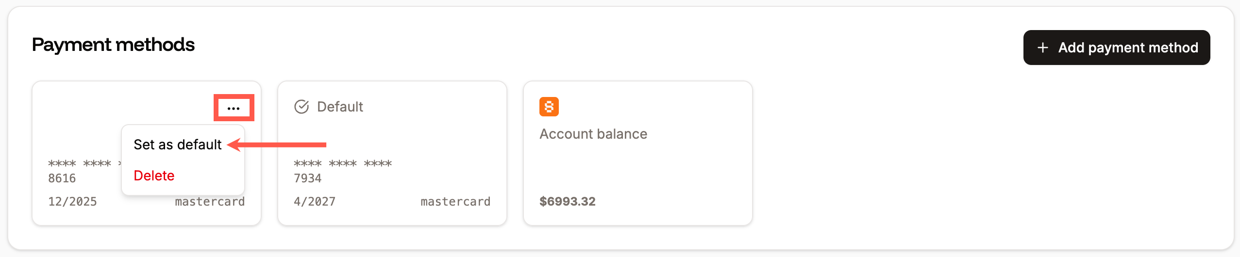 Select the default payment method in Sevalla