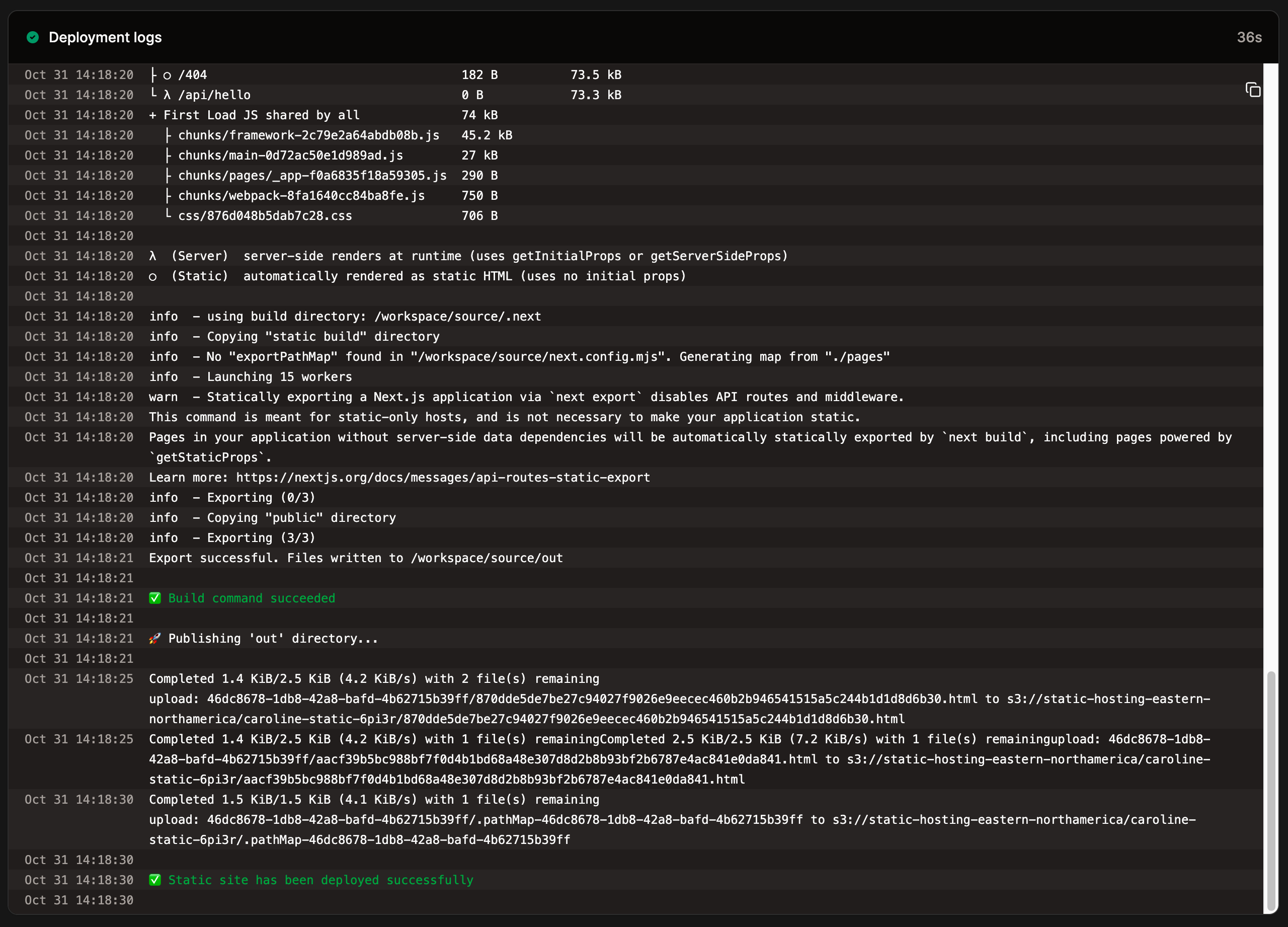Static site deployment log for an individual deployment