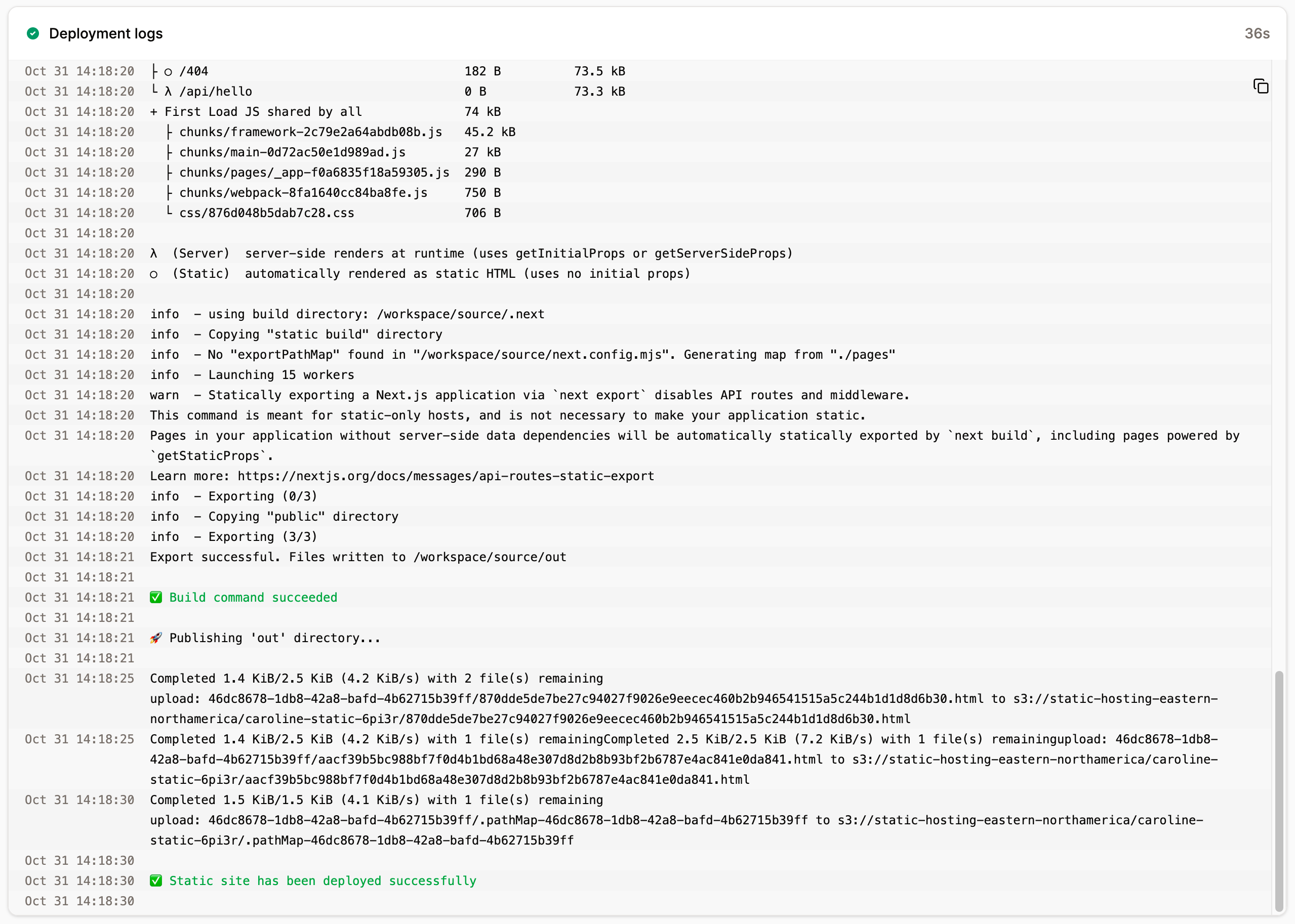 Static site deployment log for an individual deployment