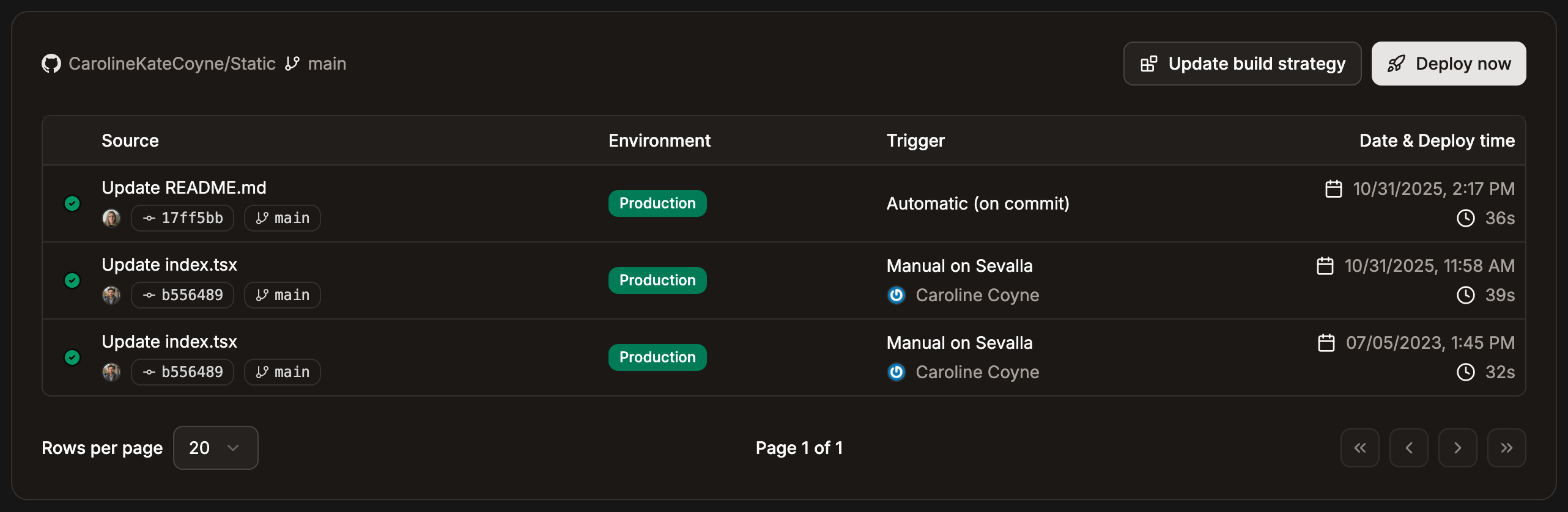 Static site deployments page