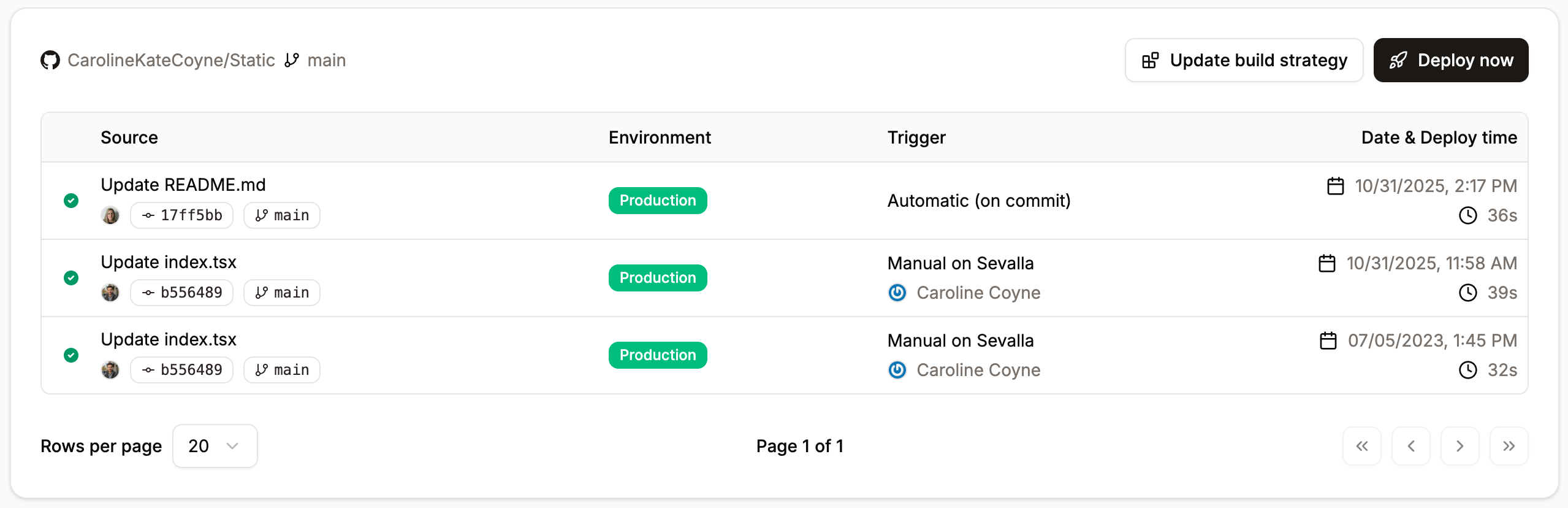 Static site deployments page