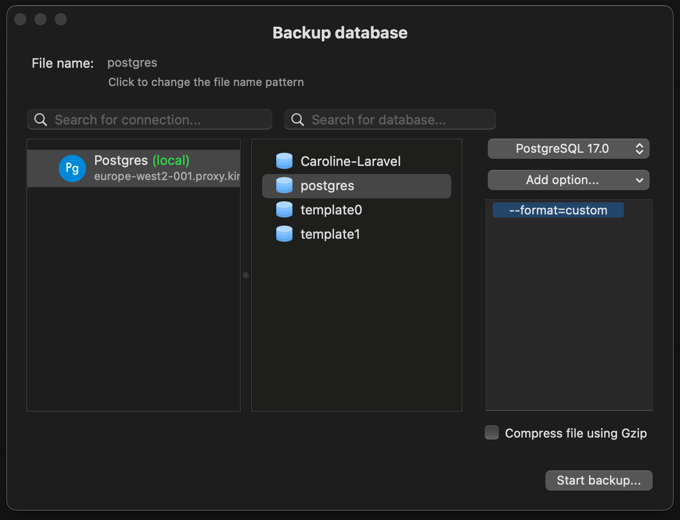 Back up a database in TablePlus