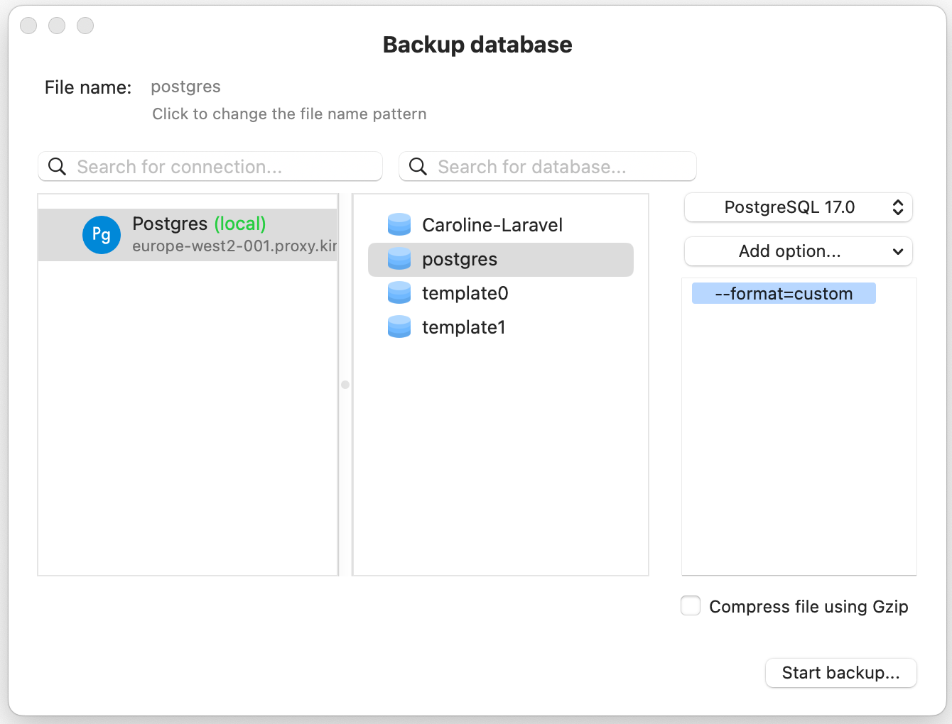 Back up a database in TablePlus