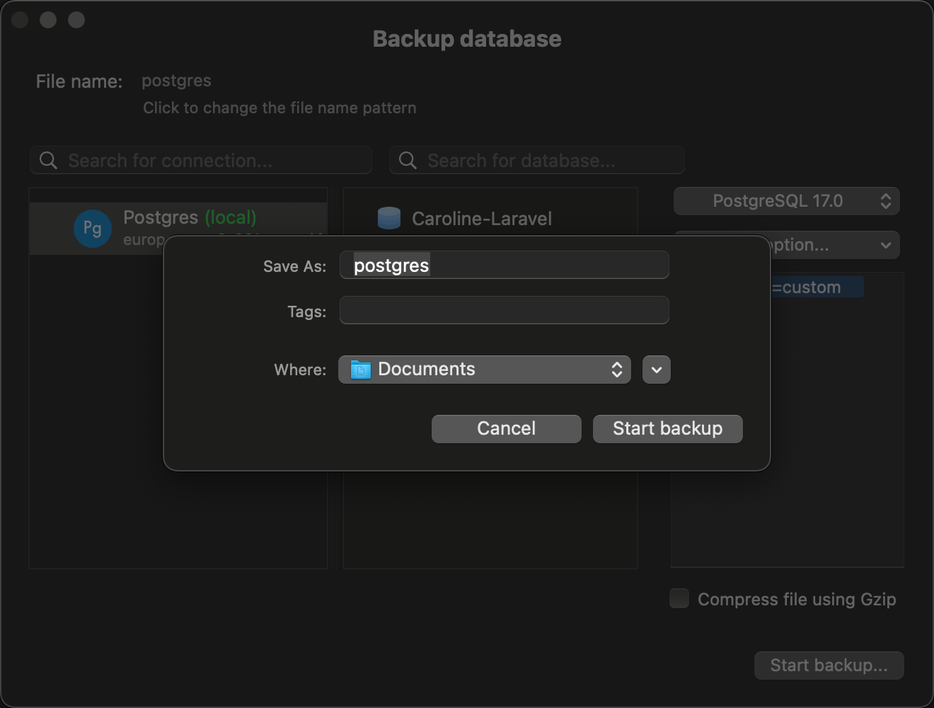 Start your database backup in TablePlus