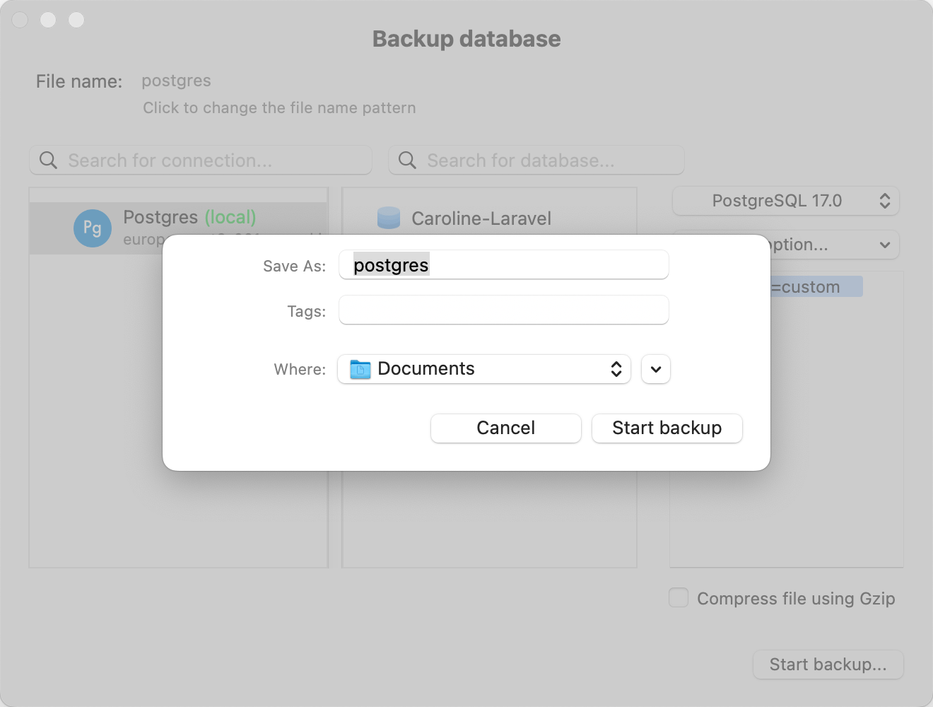 Start your database backup in TablePlus
