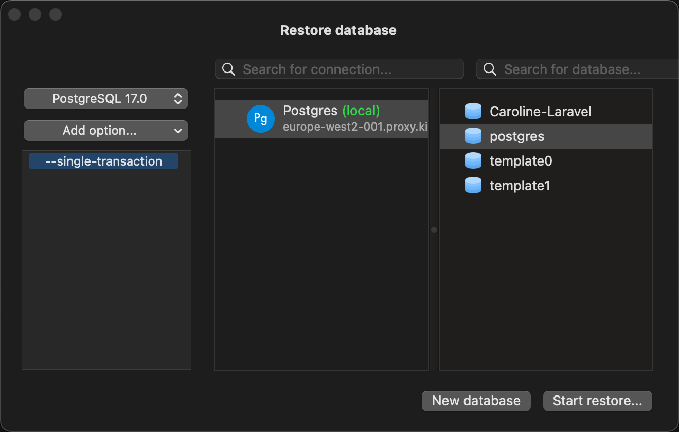 Restore a database in TablePlus