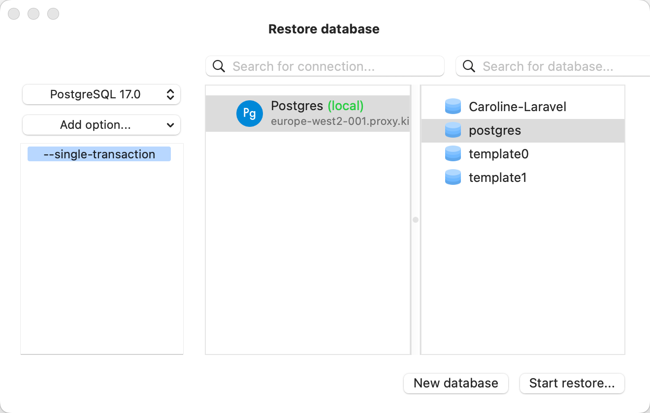 Restore a database in TablePlus