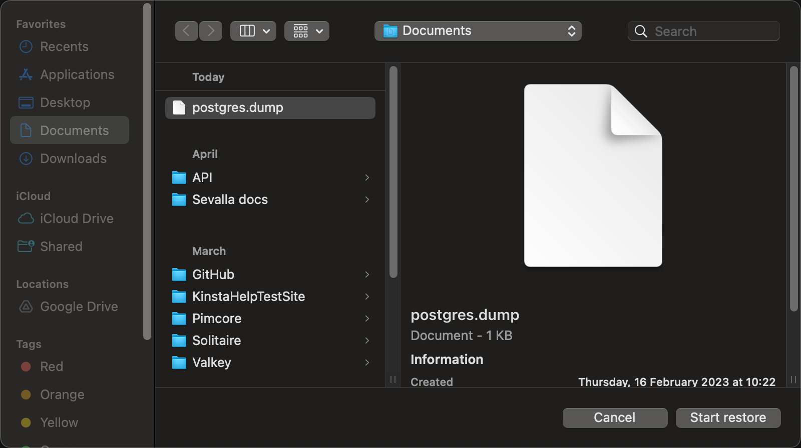 Start your database restore in TablePlus