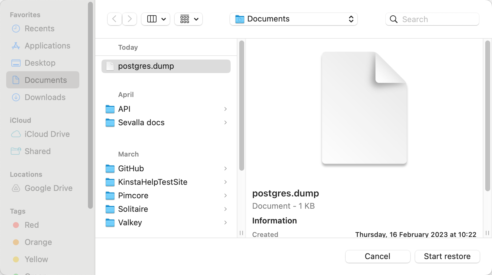 Start your database restore in TablePlus