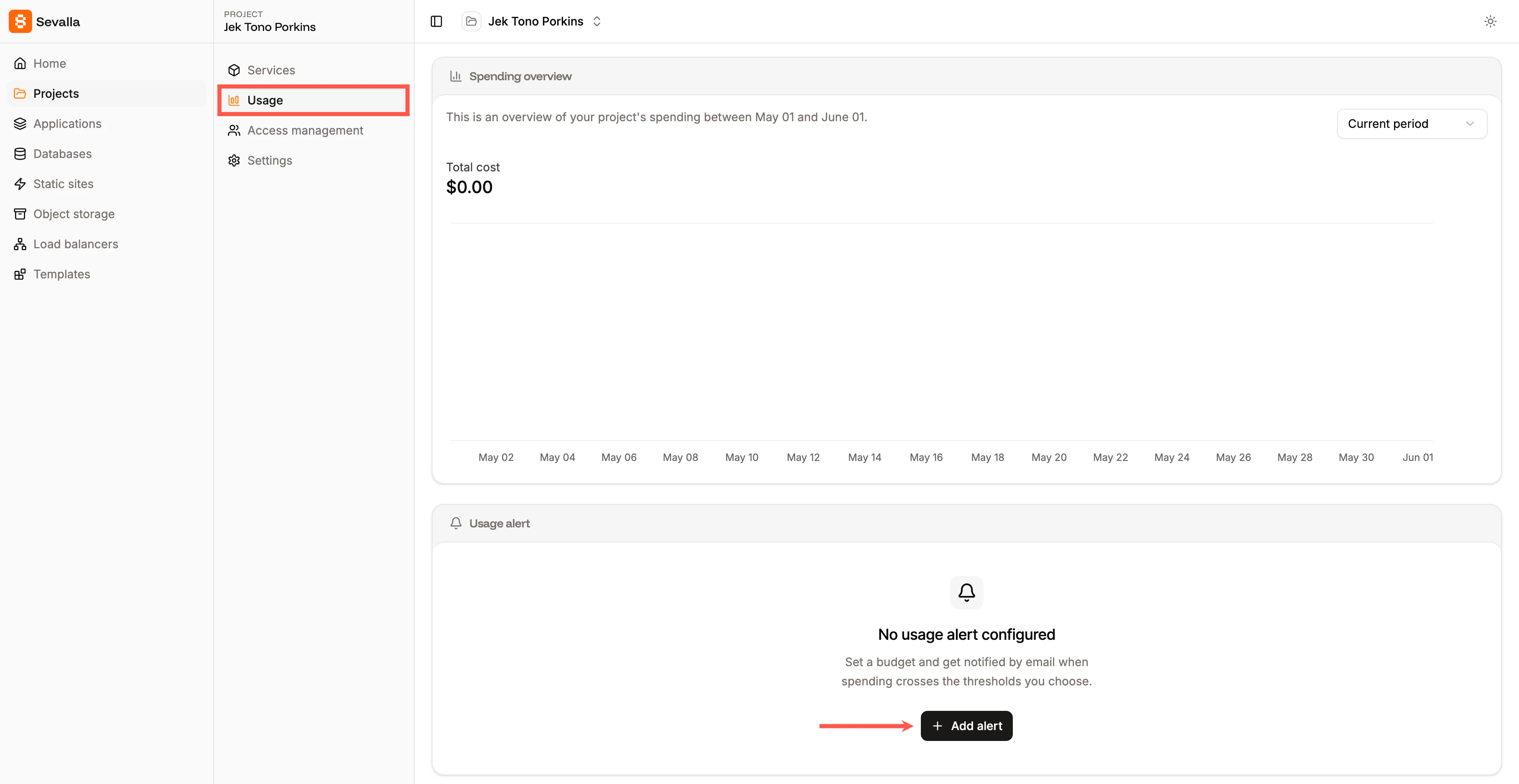 Add usage alerts to projects in Sevalla