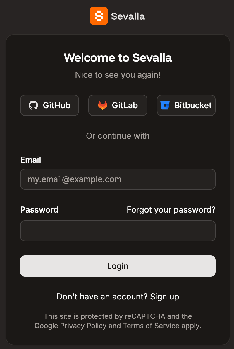 Sevalla login page