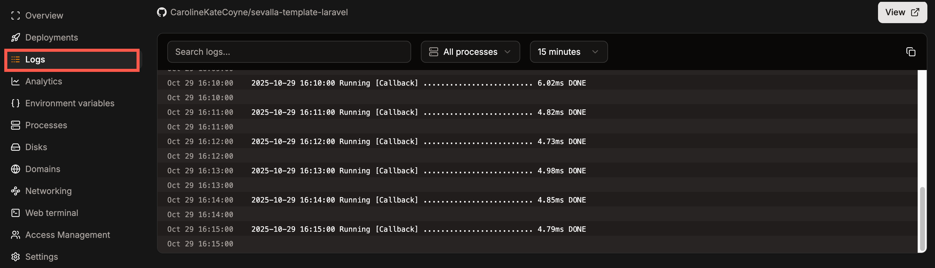 View your applicationās runtime logs in Sevalla