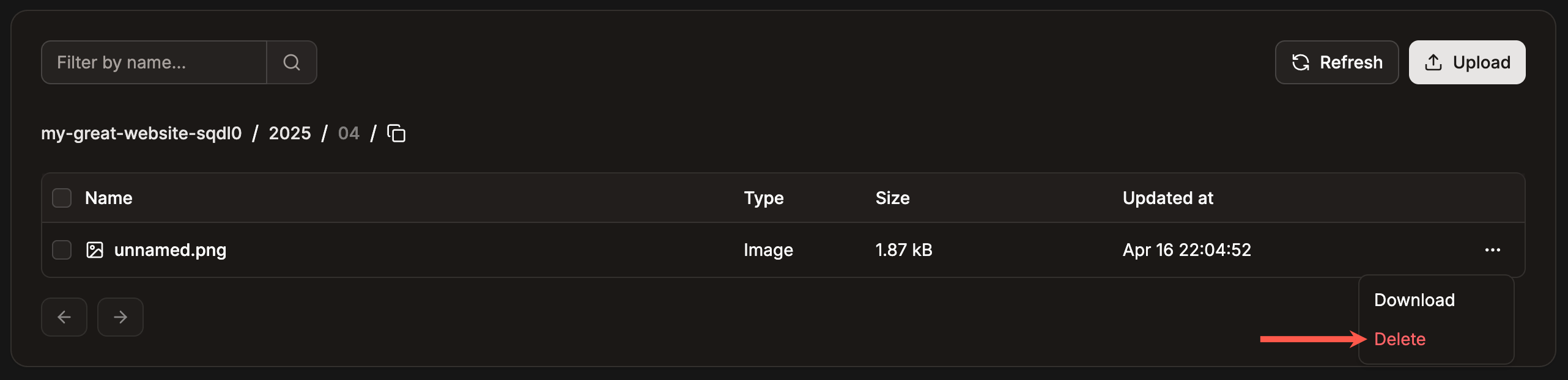 Delete a file within object storage