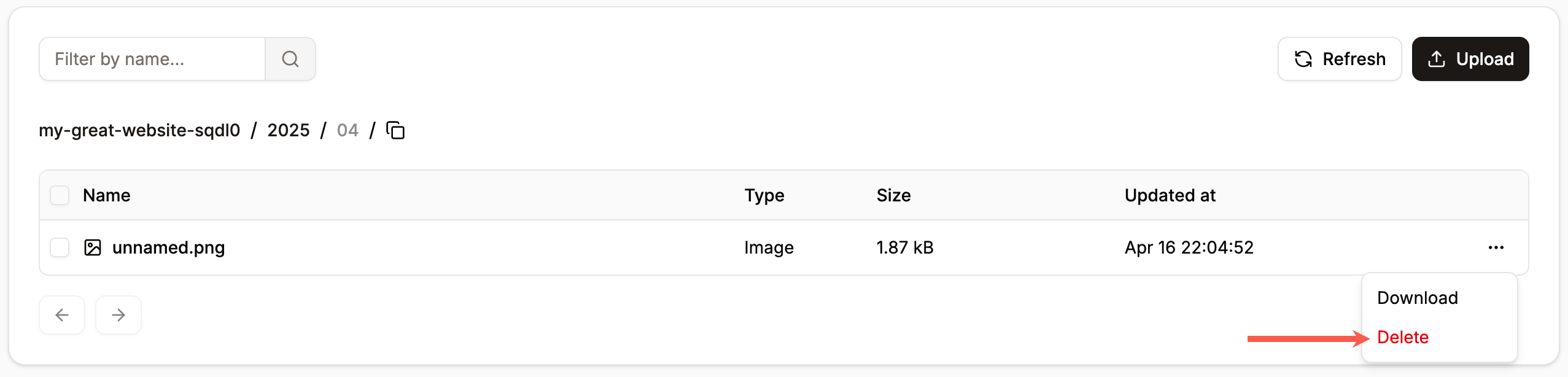 Delete a file within object storage