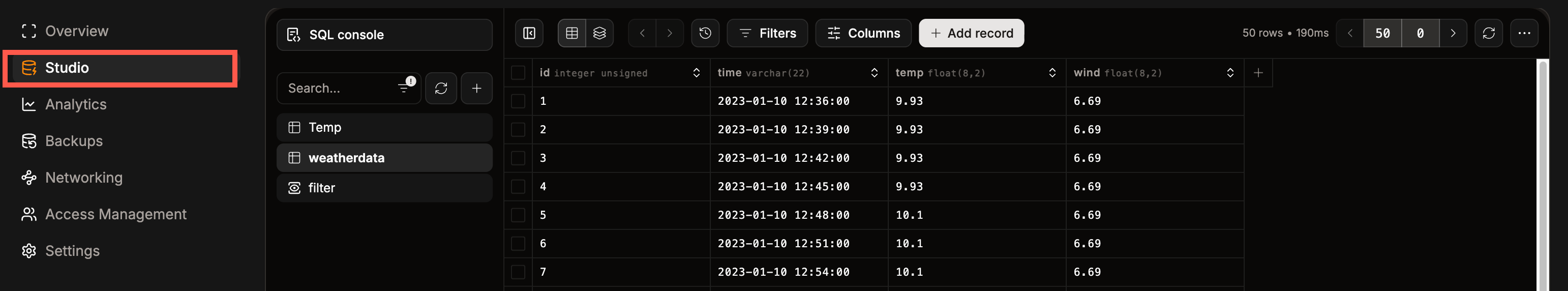 Access the Database Studio