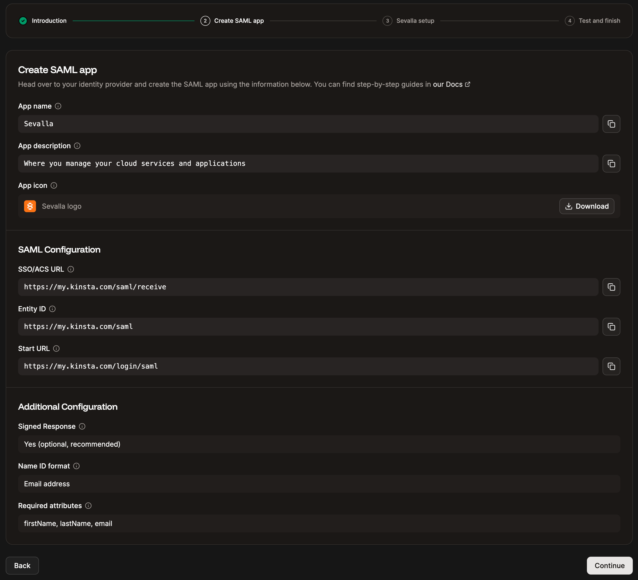 Information to create the SAML app at your IdP