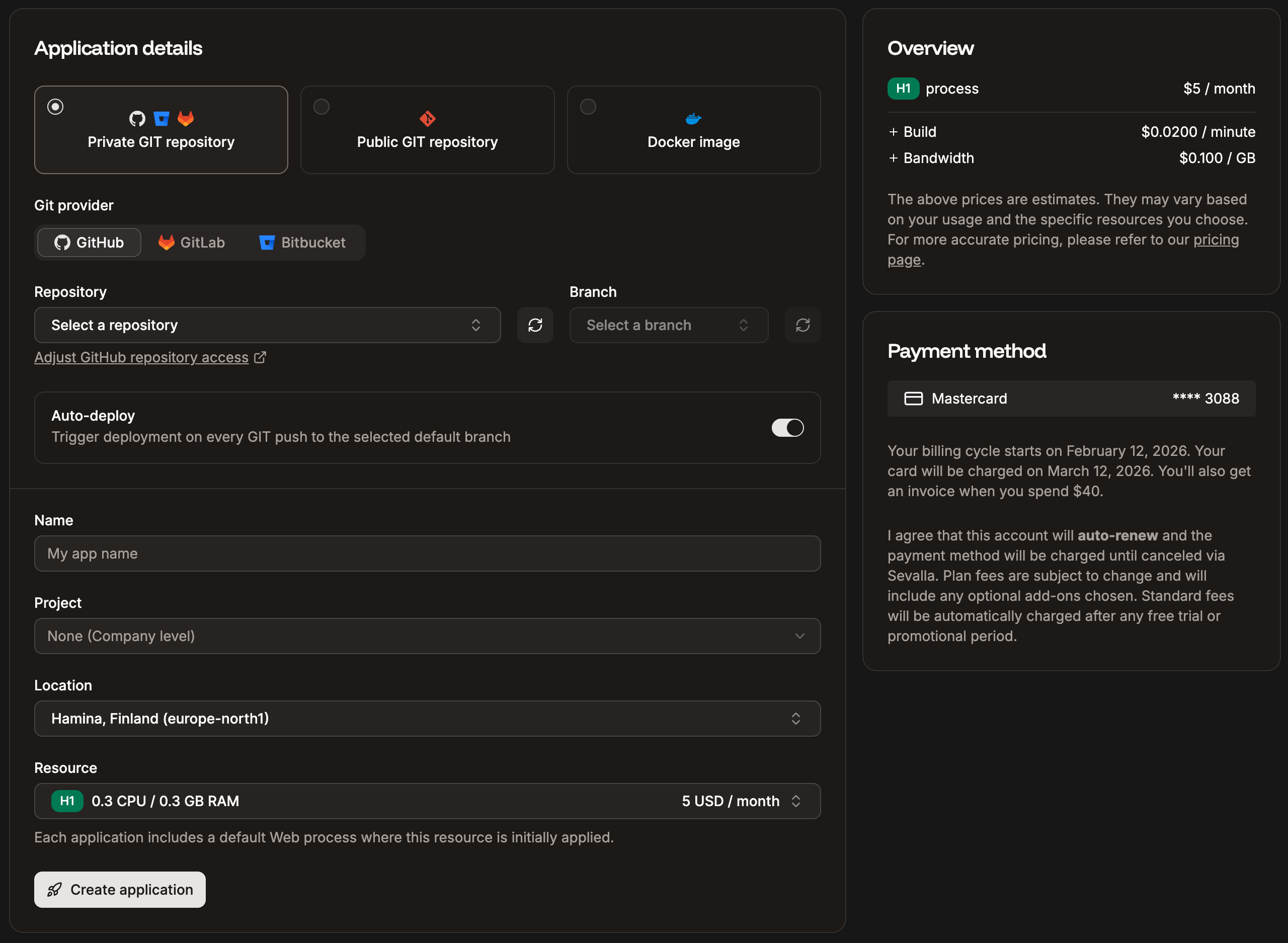 Add a new application using a private Git repository