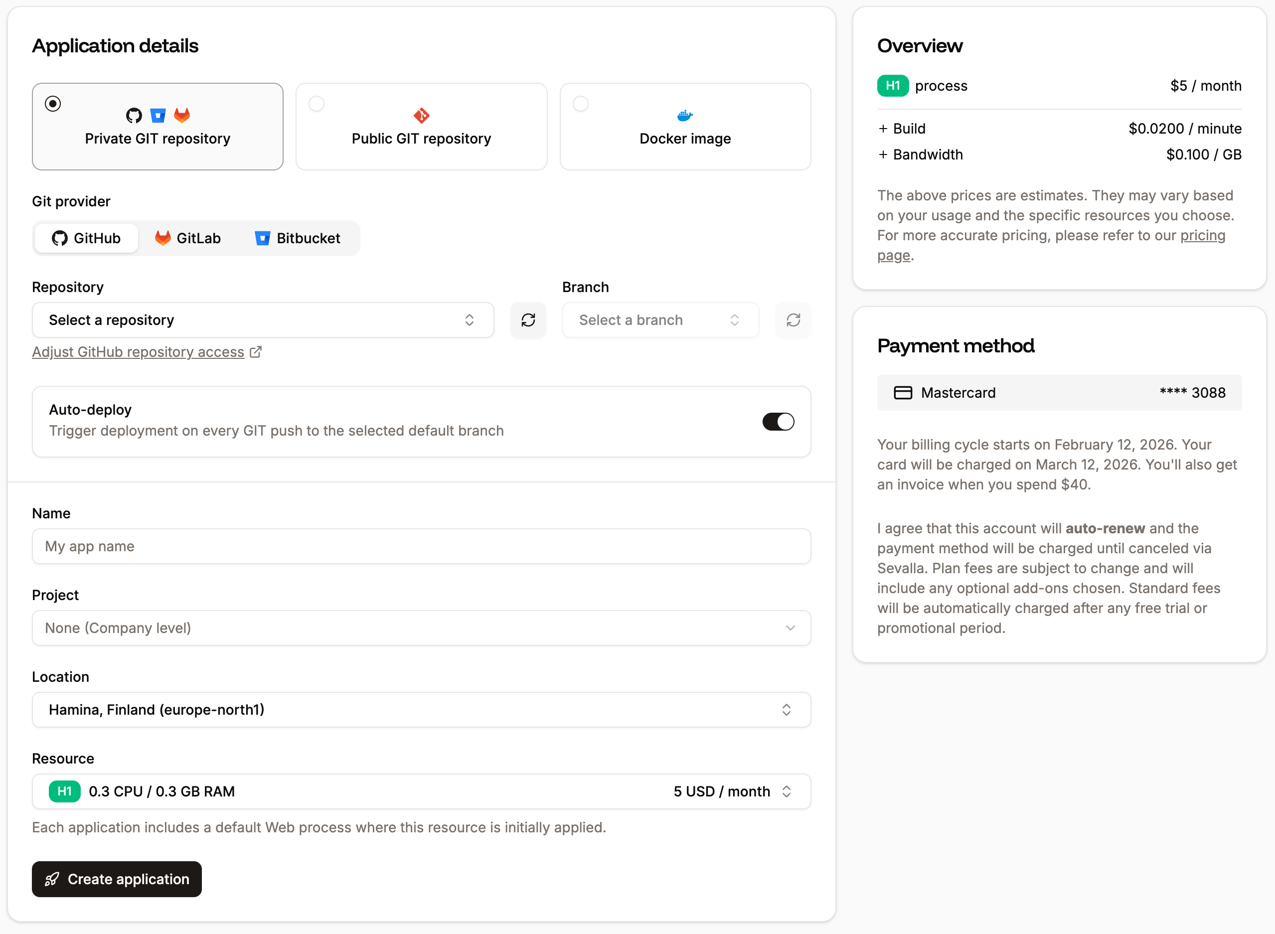 Add a new application using a private Git repository