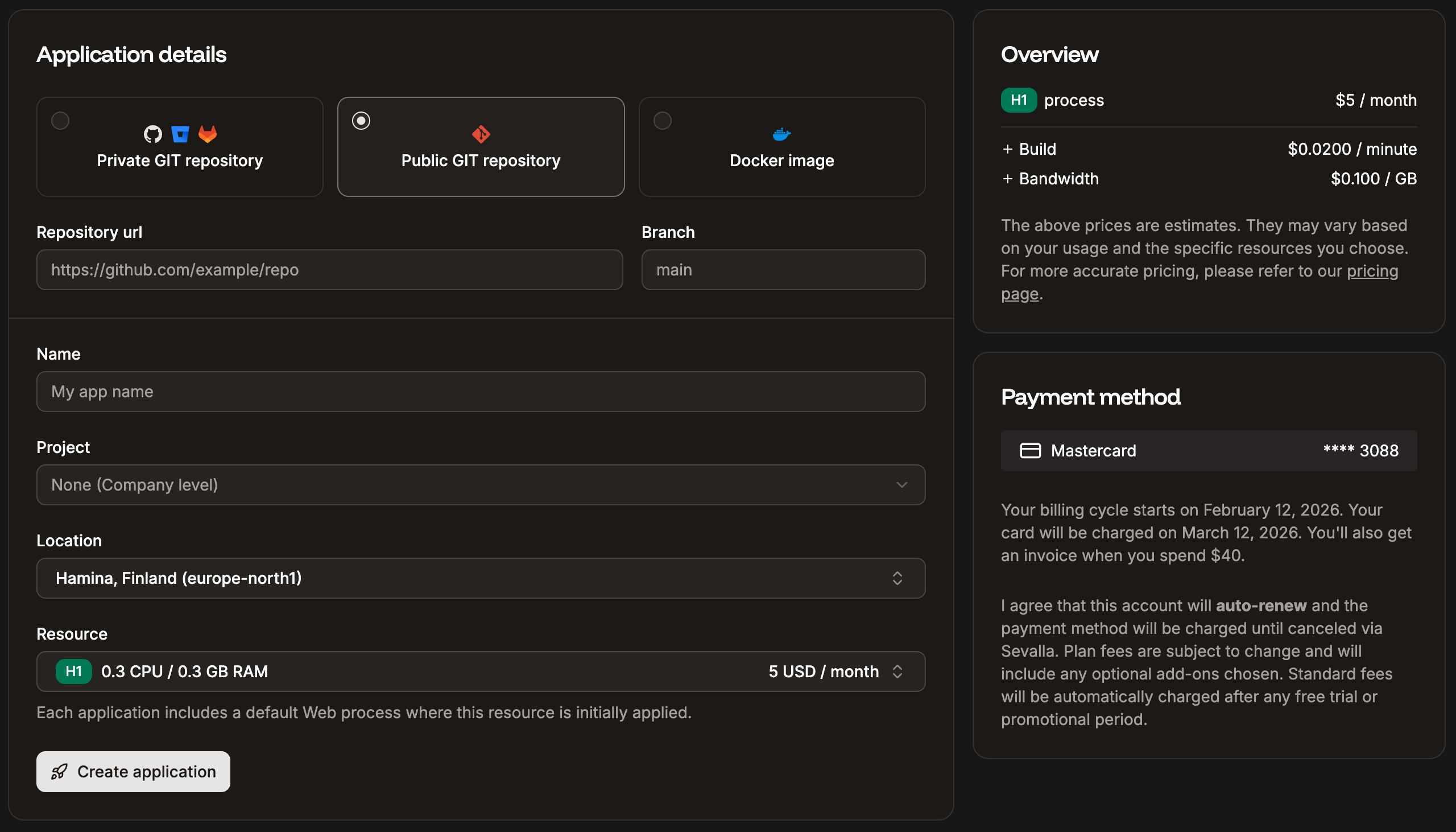 Add a new application using a public Git repository