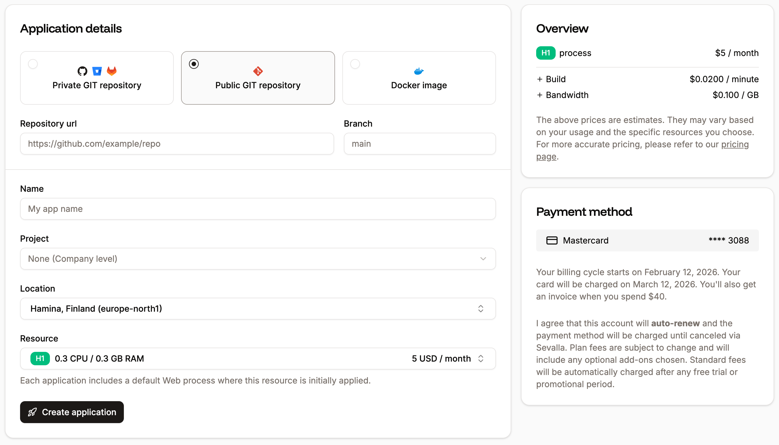 Add a new application using a public Git repository