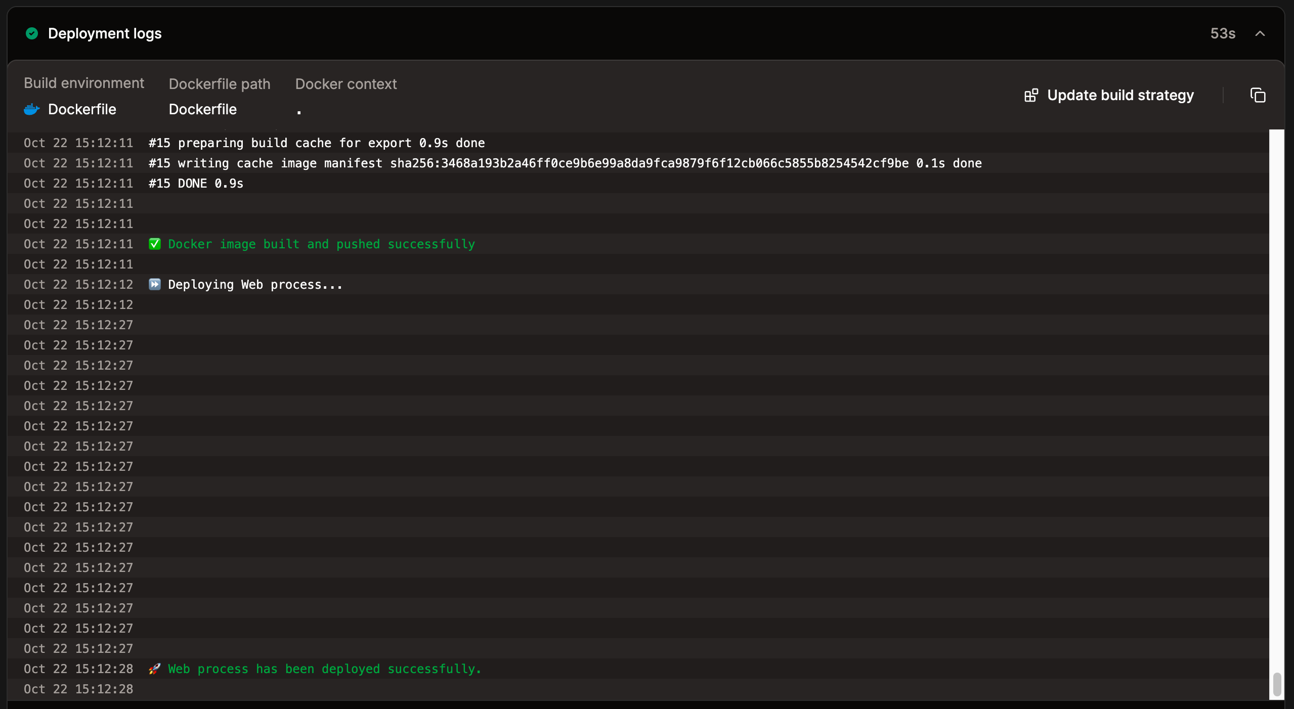 The application deployment log for an individual deployment