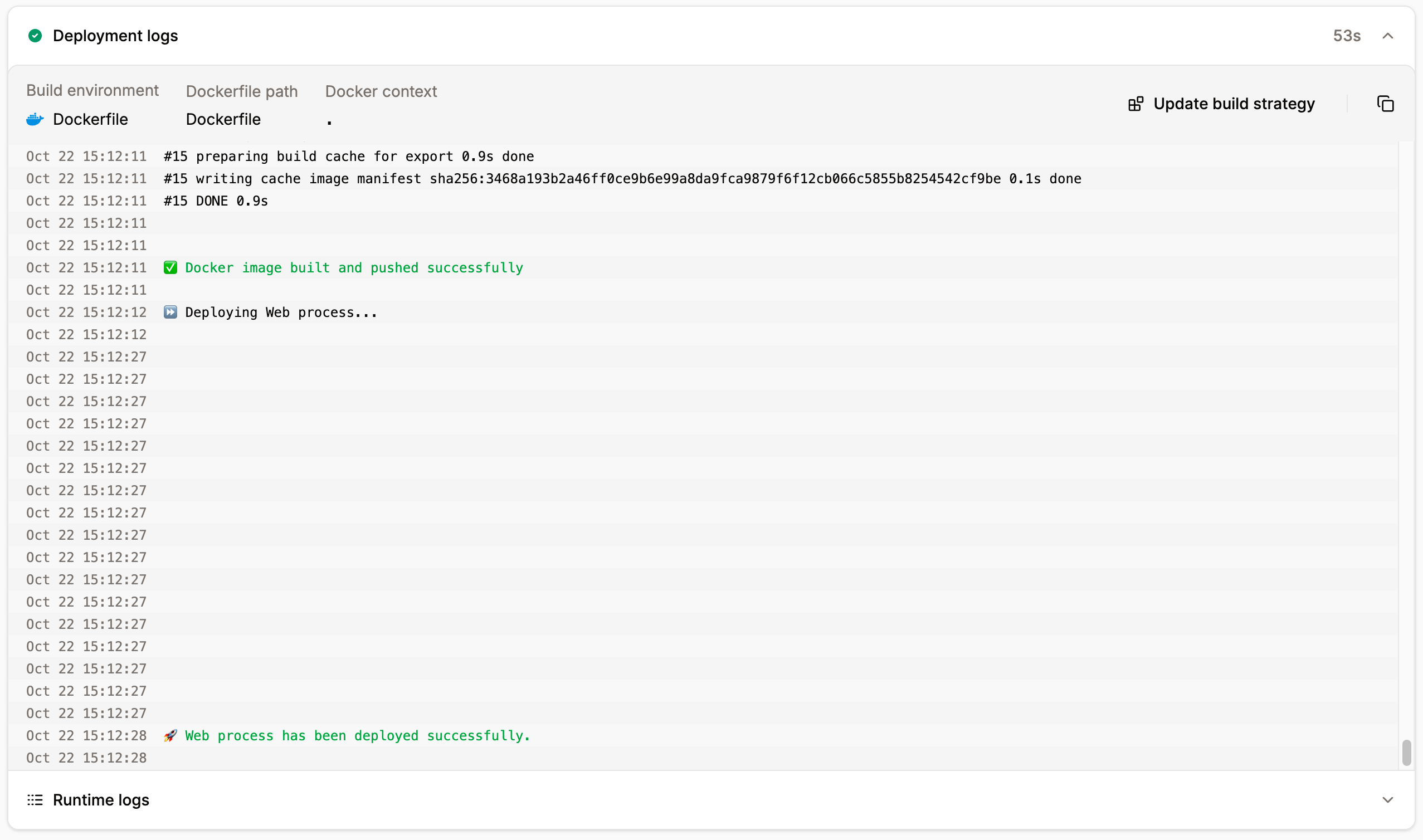The application deployment log for an individual deployment