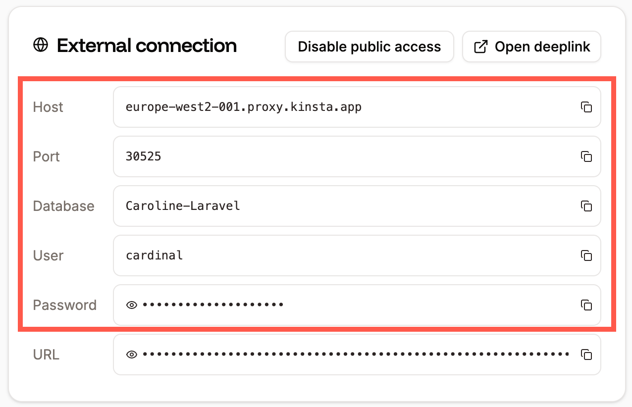 Database external connections information in Sevalla