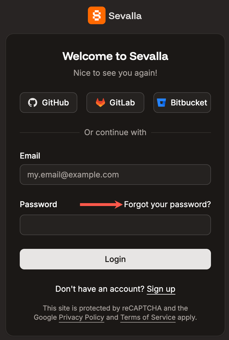 Click the forgot password link on the Sevalla login page