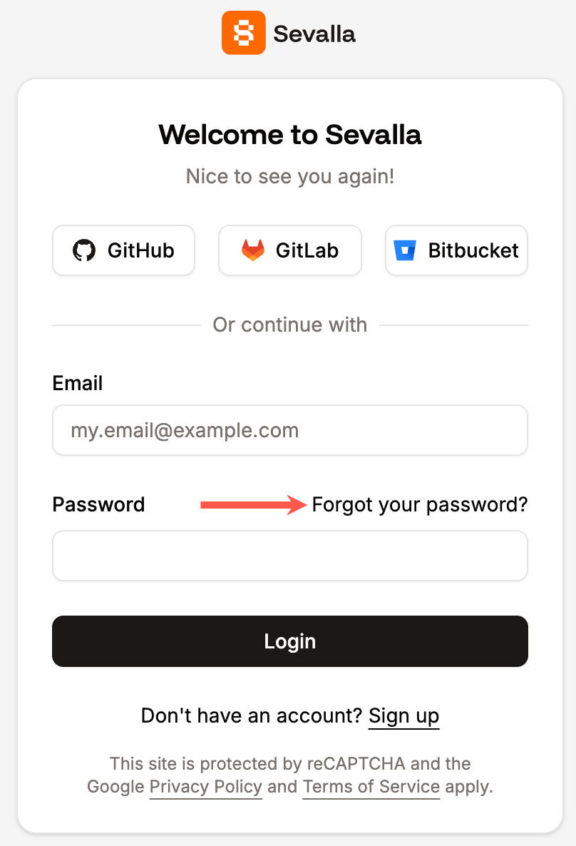 Click the forgot password link on the Sevalla login page