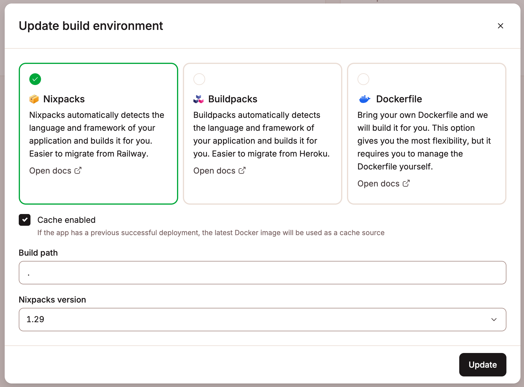 Application Update Build Environment Nixpacks Pn