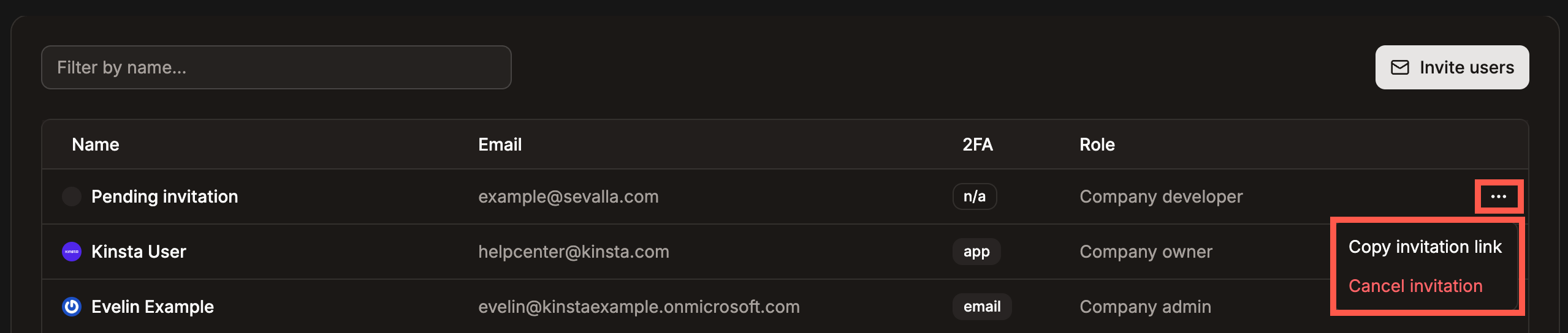User invite details with service access