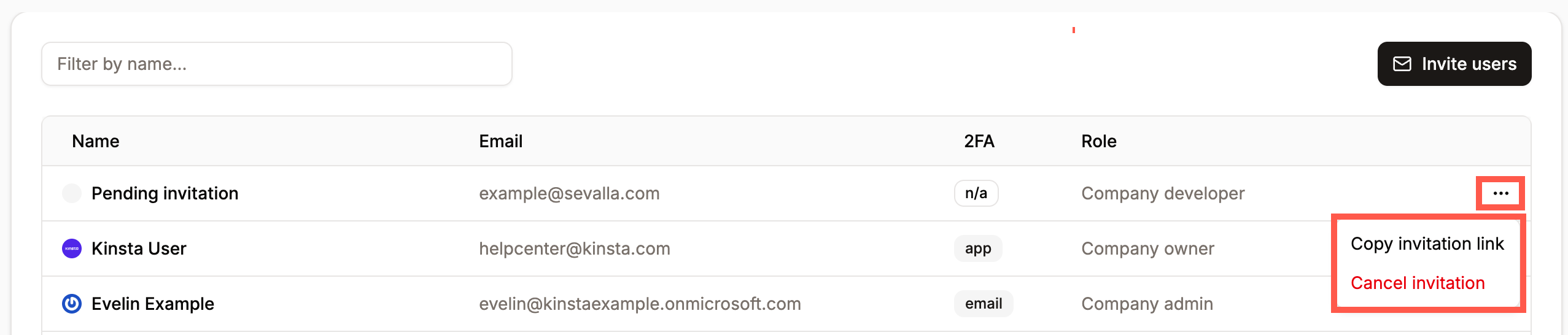 User invite details with service access