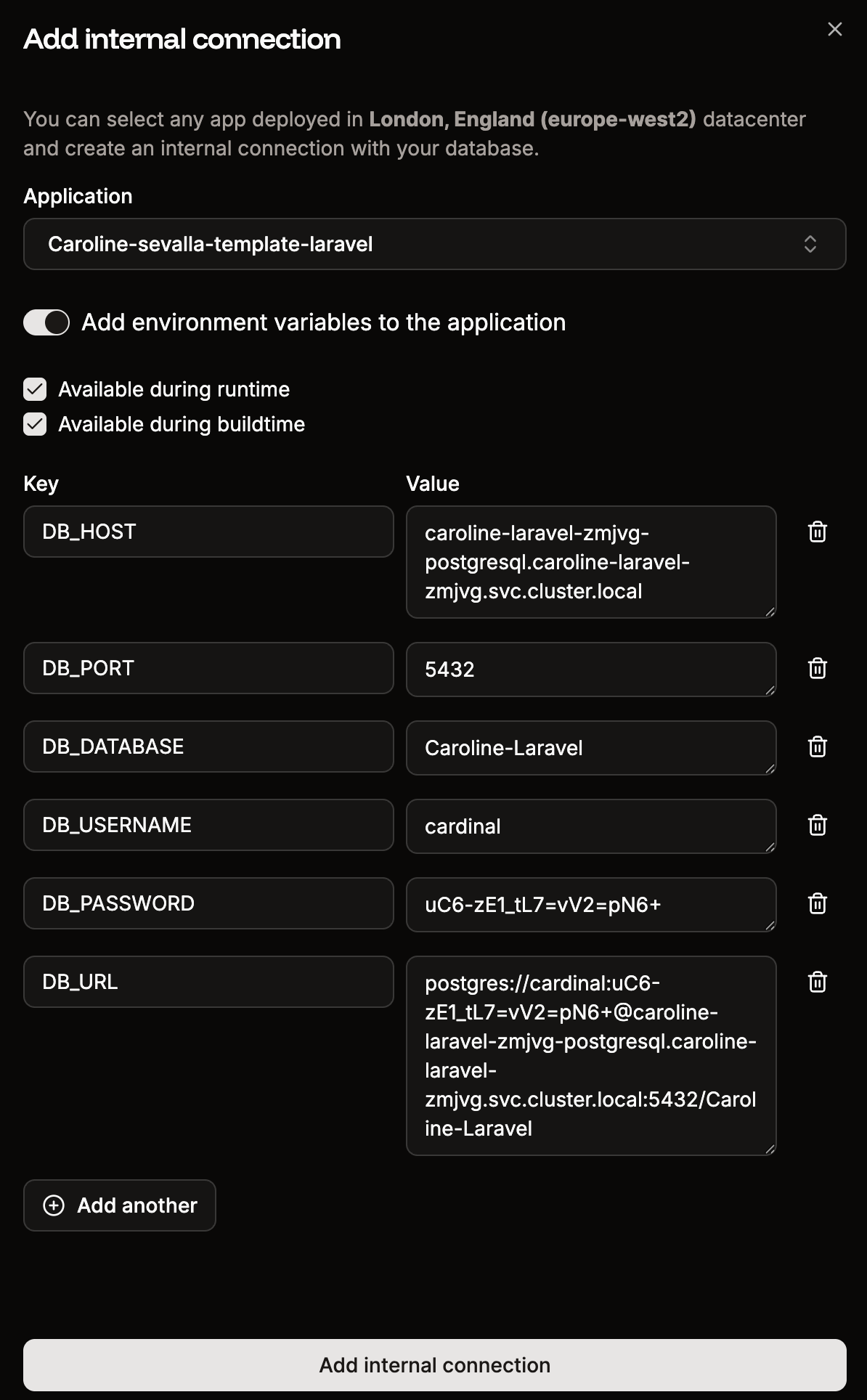 Add an internal connection from a database to an application