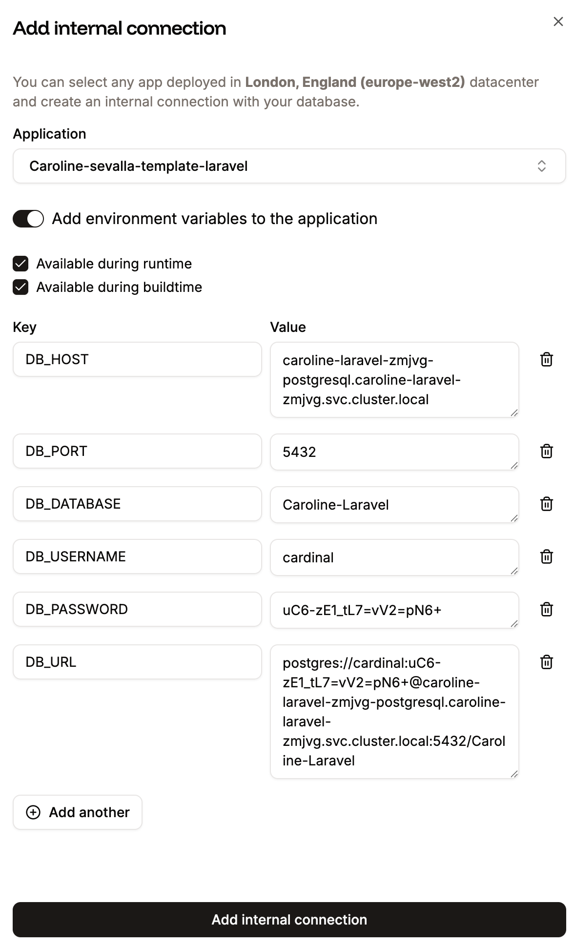 Add an internal connection from a database to an application