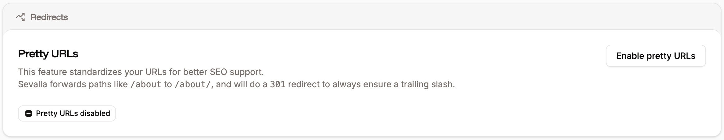 Sevalla dashboard showing the Pretty URLs setting in the Static Site Settings Redirects section