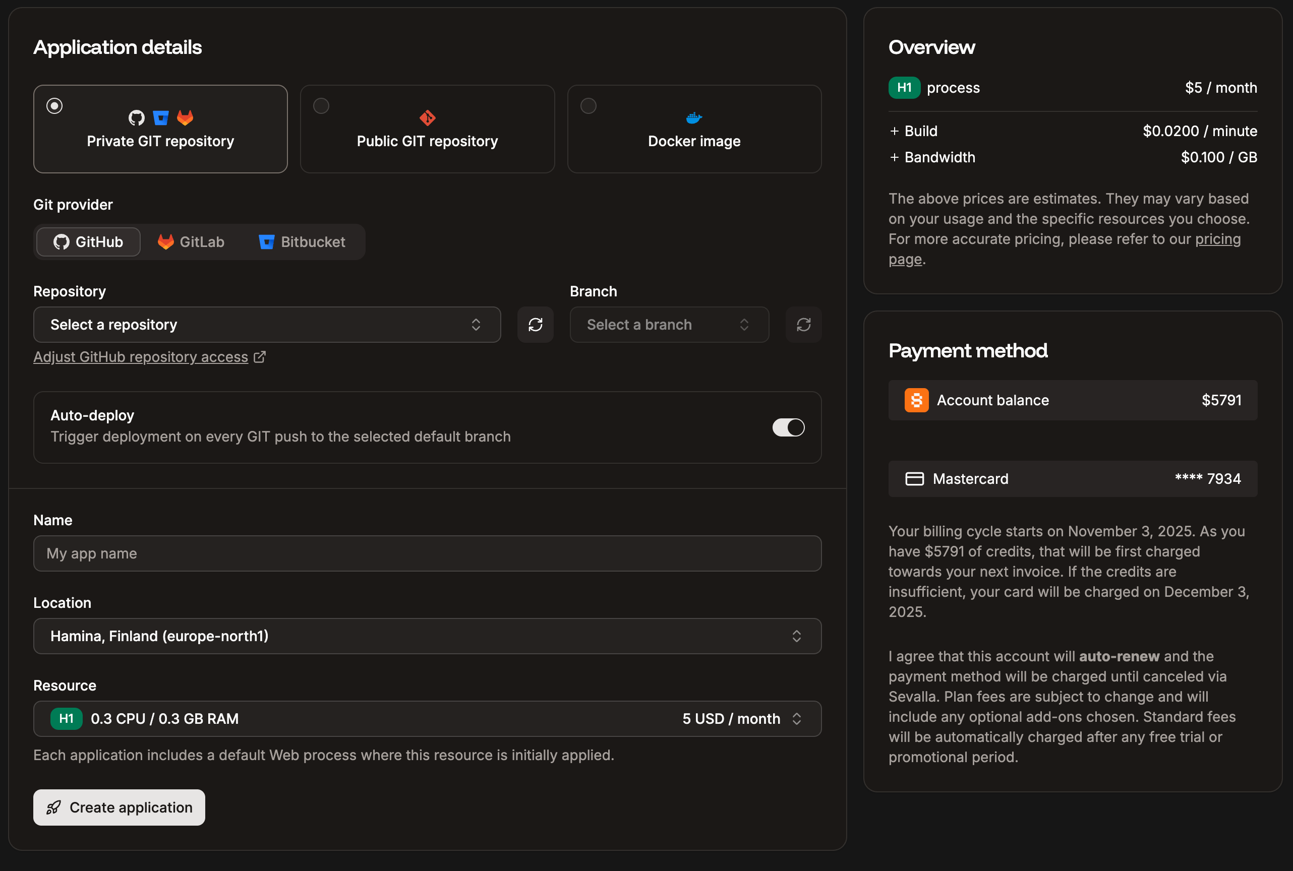 Add a new application using a private Git repository